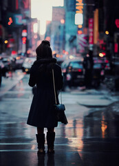 Girl in cyberpunk street, futuristic city at night. Rain foggy, moody