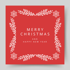 Christmas wreath of fir branches, leaves and snowflakes. Festive greeting card with floral frame on red background. Vector illustration