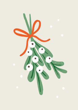 Hand Drawn Mistletoe With White Berries And Red Bow. Simple Style Vector Holiday Illustration. Ideal For Christmas Greeting Card, Invitation, Poster And Other.