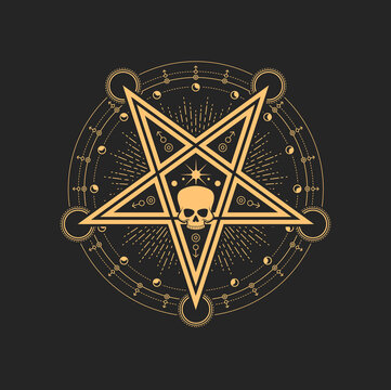 Esoteric and occult Pentagram with human skull, crescent moon and stars symbols around Vector magic tarot cards, witchcraft or alchemy sign, spiritual emblem, isolated wicca or pagan sacred amulet