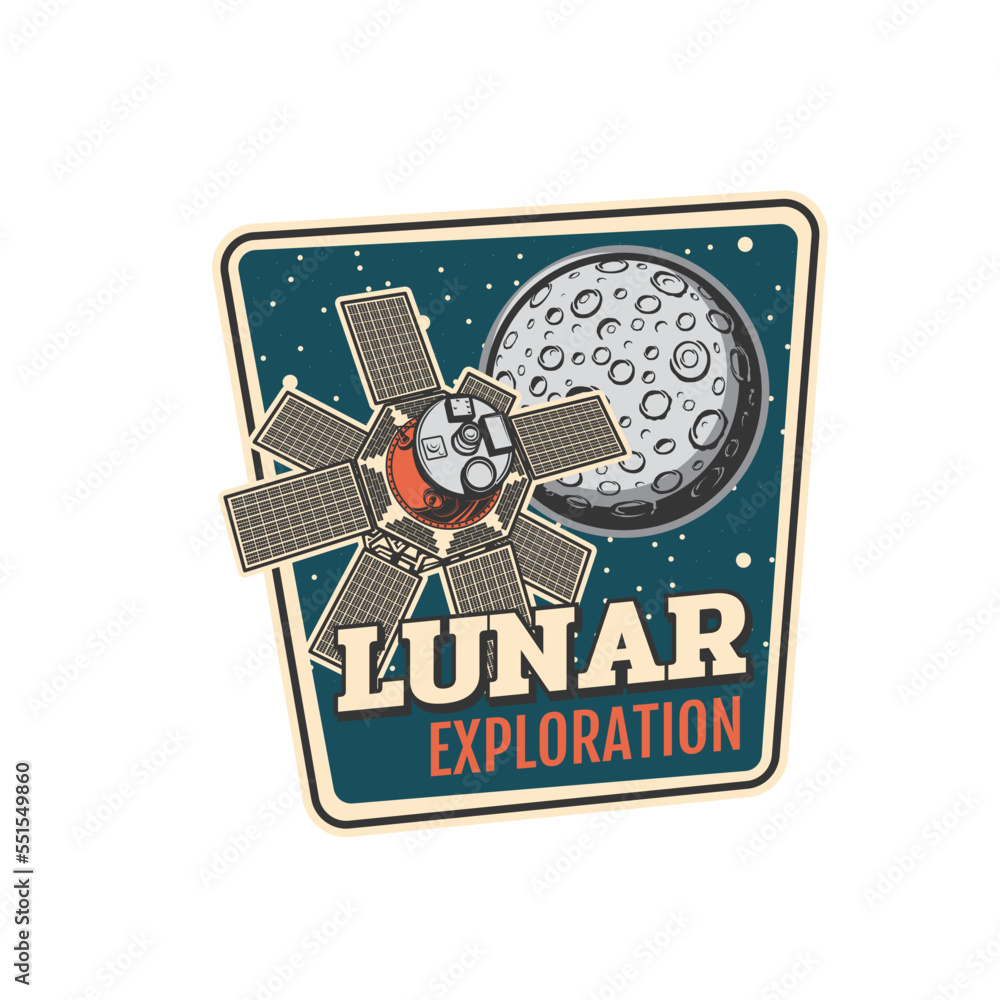 Aufkleber Lunar exploration icon of vector satellite floating in space of galaxy universe with Moon planet and stars. Space research expedition, cosmos adventure and astronomy science isolated retro badge