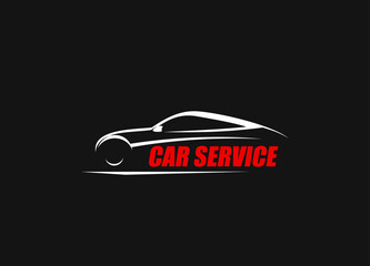 Car service workshop icon. Automobile repair, vehicle restoration or maintenance service, auto mechanic garage station vector symbol or sign with coupe car white silhouette and red typography