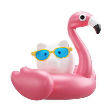 Piggy bank with sunglasses and inflatable flamingo 3D render