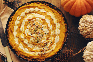 Homemade healthy pumpkin pie for autumn or winter holidays