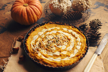 Homemade healthy pumpkin pie for autumn or winter holidays