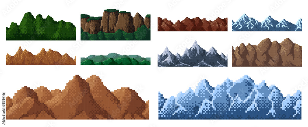 Poster 8bit pixel game mountains and hills background, vector retro 8 bit pixel art landscape. arcade game 