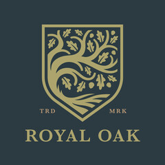 Oak tree shield logo icon. Royal crest nature brand emblem. Vector illustration.