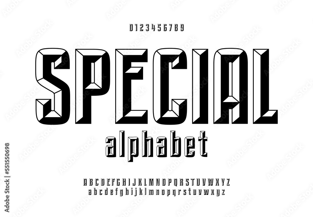 Fototapete monochrome chisel style alphabet and font. uppercase, lowercase and numbers. plain vector retro alph
