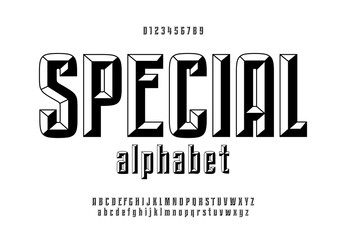 Monochrome chisel style alphabet and font. Uppercase, lowercase and numbers. Plain vector retro alphabet