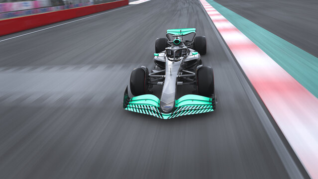 Panning racing car running on track 3D illustration.