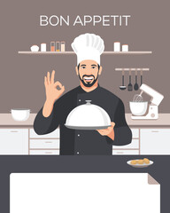 A man is preparing food in the kitchen. Professional chef in uniform in the kitchen with a cap on his head and a tray in his hands. Banner. Flat design. Vector illustration