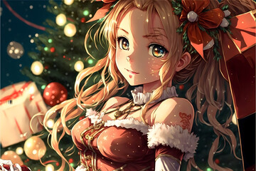 anime girl dressed as santa, christmas waifu