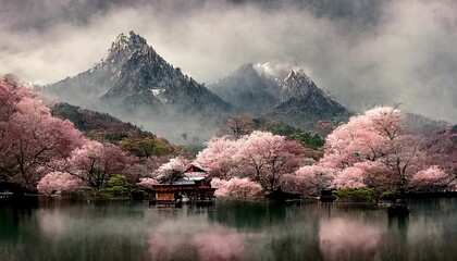 Fototapeta premium Japanese mountain landscape with cherry blossom, sakura, water lake and house
