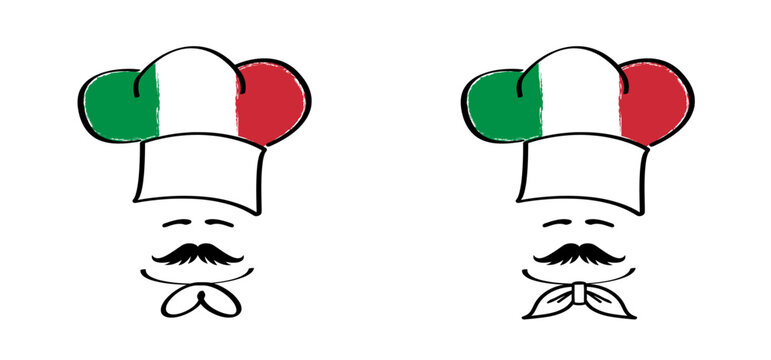 Cartoon chef cap with mustache and Italy flag. Chef hat  or cap. Kitchen cook or cooking hat. Vector menu logo or icon. Italia pizza, cuisine bakery. Baker symbol. Chef cap