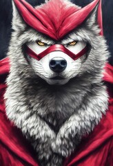 Cartoon wolf, ninja master with red mask