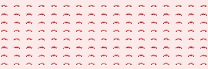 Follow eyelashes on pink background. Female cosmetics. Extension and lengthening of eyelashes. Banner. Pattern.