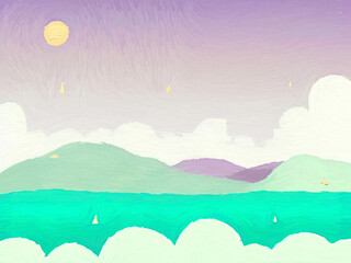 Digital art painting - sea and mountains tropical landscape. Simple forms illustration. Graphic drawing paradise resort in pastel colors.