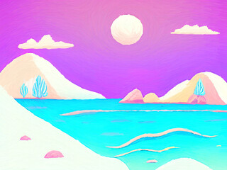 Fototapeta na wymiar Digital art painting - sea and mountains tropical landscape. Simple forms illustration. Graphic drawing paradise resort in pastel colors.