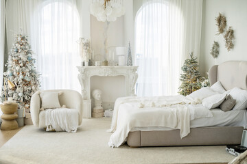Living room in Scandinavian style with a Christmas decor. Holiday background. New Year