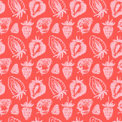 Strawberry pattern seamless, strawberries illustration for fabric ornament and textile design. Hand-drawn vector red berry. Juice or jam label design. Ripe berries background. Strawberry backdrop.