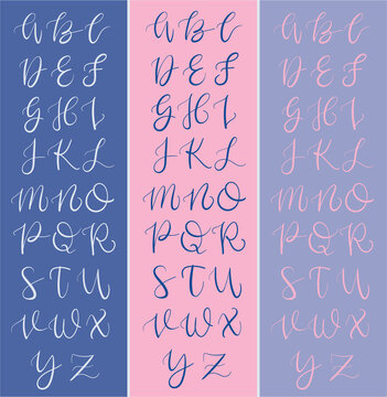 Modern calligraphy alphabet, cursive, handwriting, vector, illustration, artwork, doodle, pink, purple, blue, pastels. 