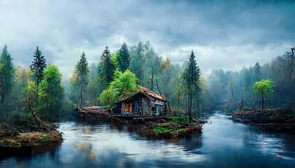 Foto op Aluminium Old dilapidated house with lake, mountain landscape © DNY3D