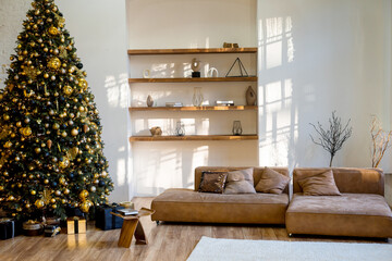 Living room in Scandinavian style with a Christmas decor. Holiday background. New Year