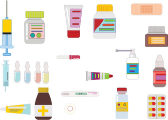 Set of medicine bottles and pills collection. Bottles of drugs.tablets,capsules vitamins. Vector flat illustration and health style.