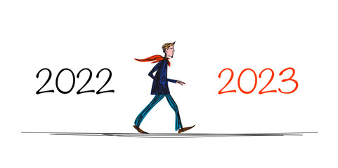 Carte de vœux 2023 montrant un homme dessiné à la main, qui marche tout droit pour symboliser le passage de l’année 2020 à 2023.