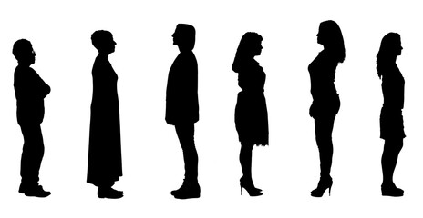 silhouette of a group of women standing seen from the side on a white background