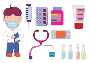 Set of mail doctor and pills collection.Bottles of drugs.tablets,capsules vitamins. Vector flat physician and health style.