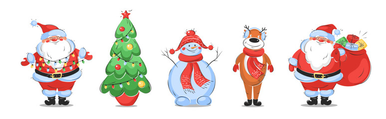 Set merry characters winter holidays. Santa claus, сhristmas tree, deer and snowman. Vector illustration for winter background and banners.