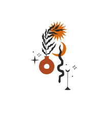 Hand drawn abstract vector graphic clipart illustration boho print design,floral leaf in vase,crescent moon,sun ,stars and snake. Vector logo design concept.Moon and stars minimalistic print isolated.