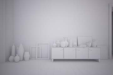 3d rendering interior of a room with sideboard and furnishing accessories. Clay style rendering.