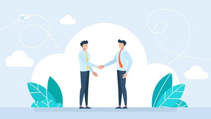 Two businessmen shaking hands. Businessmen first meeting greeting with firm handshake. Business deal contract agreement support cooperation management new job concept. Flat style. Vector illustration 