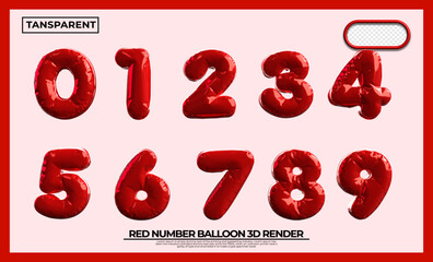 Bundle of 3D render numbers 1,2,3,4,5,6,7,8,9,0 balloons for kids educarion elementary red colors transparent, png