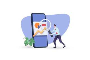 Data analysis, dashboards and business financial reports with charactersholding a magnifying glass. investment or website SEO smartphone concept screen.