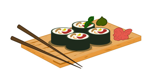 Sushis rolls, wooden board with chopsticks, soya souse. Asian food Vector illustration