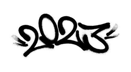 Sprayed 2023 tag gfont graffiti with overspray in black over white. Vector illustration.