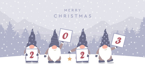 christmas greeting card 2023 with cute christmas dwarf and snowy landscape