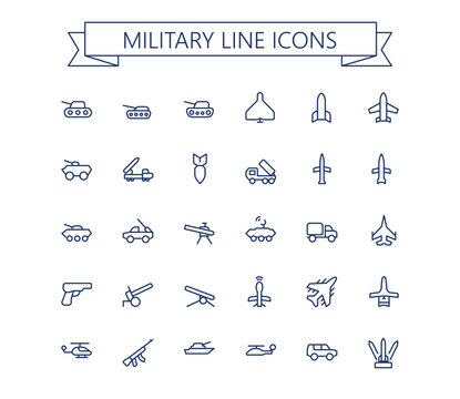 Military line vector icon set. Army outline icons. Editable stroke. 24x24 px.