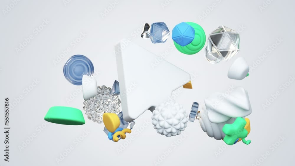 Poster cursor arrow pointer and geometric shapes. 3d render animation