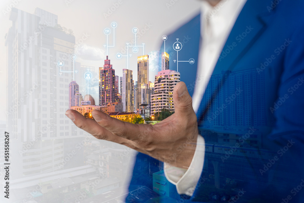 Poster advanced communication and global internet network connection in smart city . concept of future 5g w