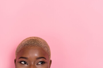 Cropped close up portrait of minded person look interested empty space isolated on pink color background