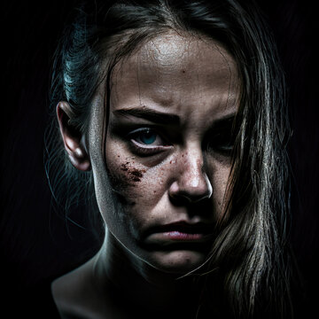 Portrait of a sad, abused woman. Generative AI