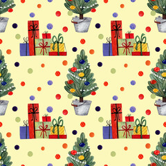 Watercolor Christmas pattern with Christmas tree and gifts.