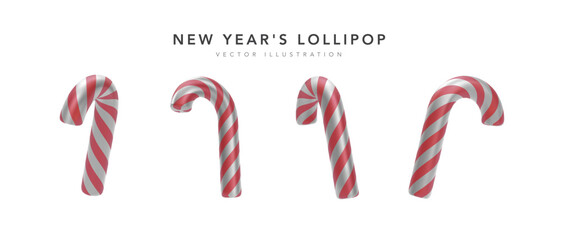 Set of 3d realistic Christmas candy cane isolated on white background. Christmas decorations. Vector illustration