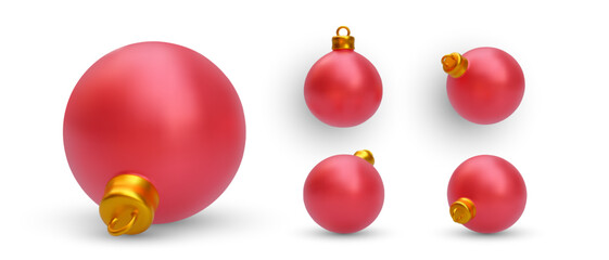 Set of 3d realistic red Christmas ball isolated on white background. Christmas decorations. Vector illustration