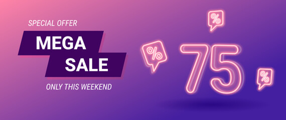 Fototapeta premium sale neon banner, 75 percent off, vector illustration