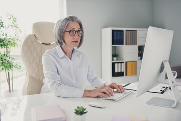 Photo portrait of mature old lady start up executive manager director working sitting bright modern work station typing computer - obrazy, fototapety, plakaty